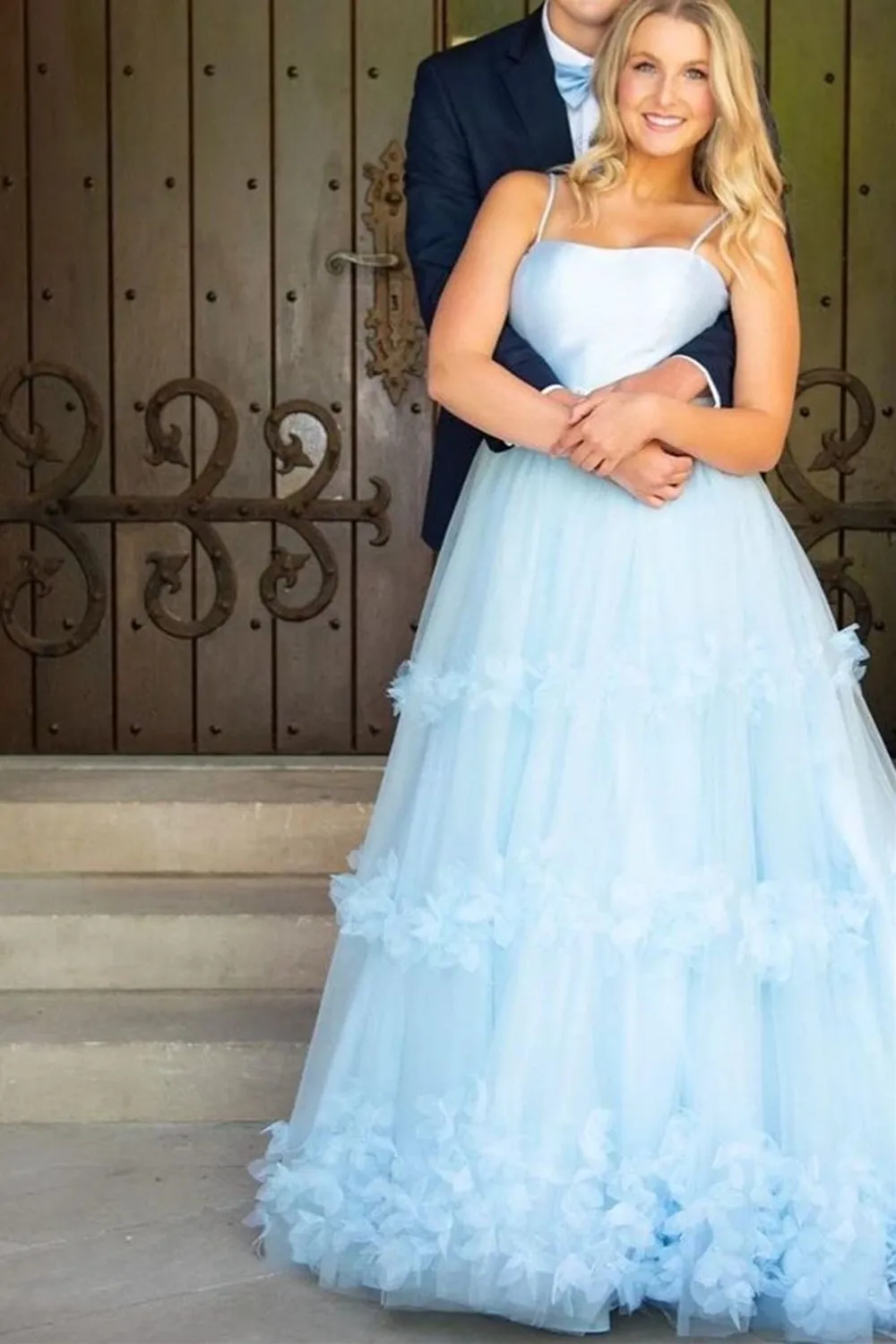 Elegant A Line Light Blue Long Prom Dresses, Ruffles Tulle Formal Evening Dresses GP343