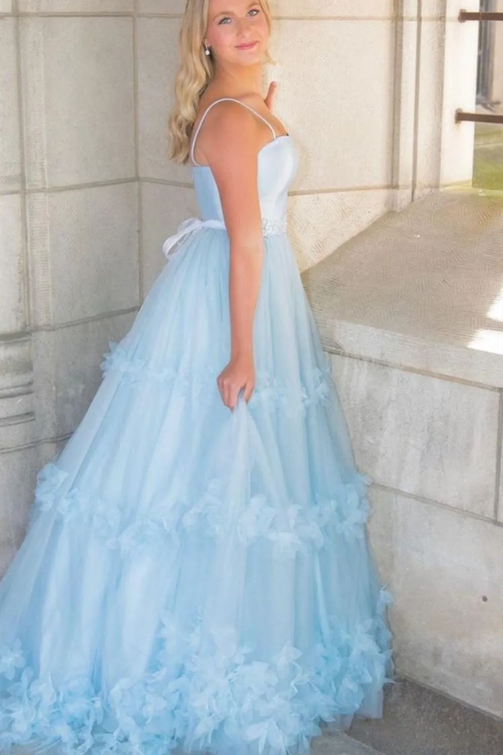 Elegant A Line Light Blue Long Prom Dresses, Ruffles Tulle Formal Evening Dresses GP343