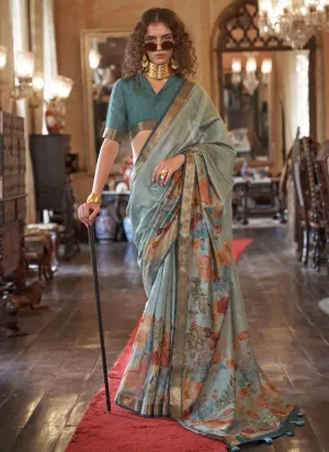 Elegant Aqua Blue Contemporary  Printed Viscos Soft Silk Saree