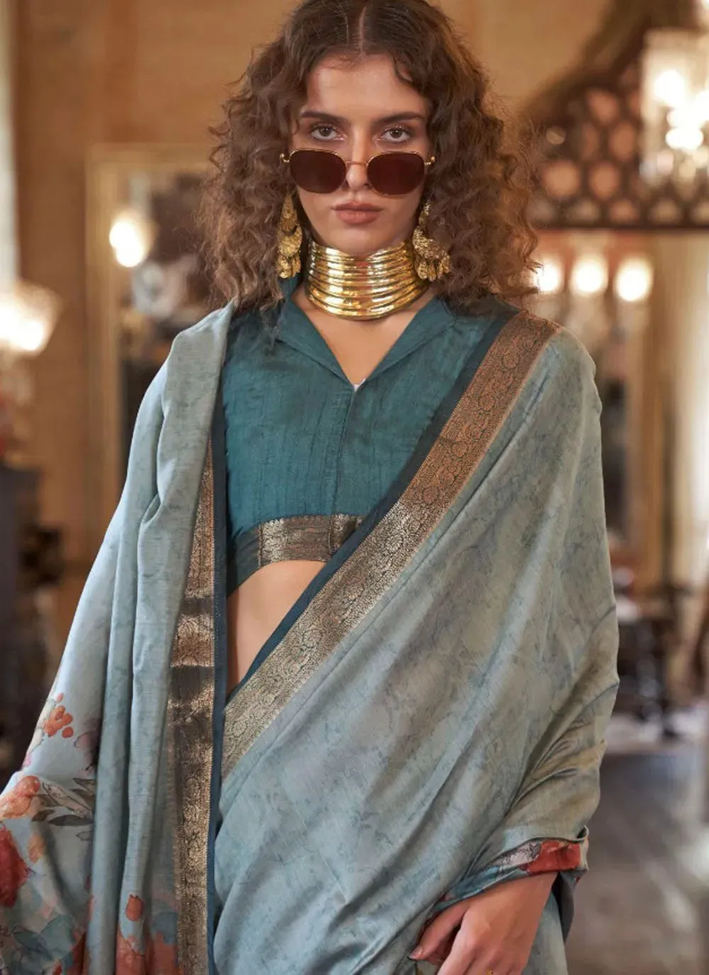 Elegant Aqua Blue Contemporary  Printed Viscos Soft Silk Saree