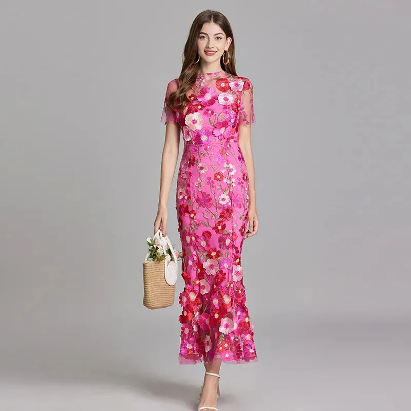 Elegant Mesh Fishtail Dress with 3D Flower Appliqué