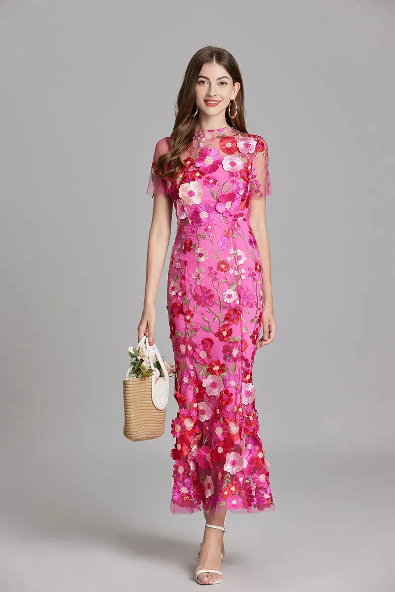 Elegant Mesh Fishtail Dress with 3D Flower Appliqué
