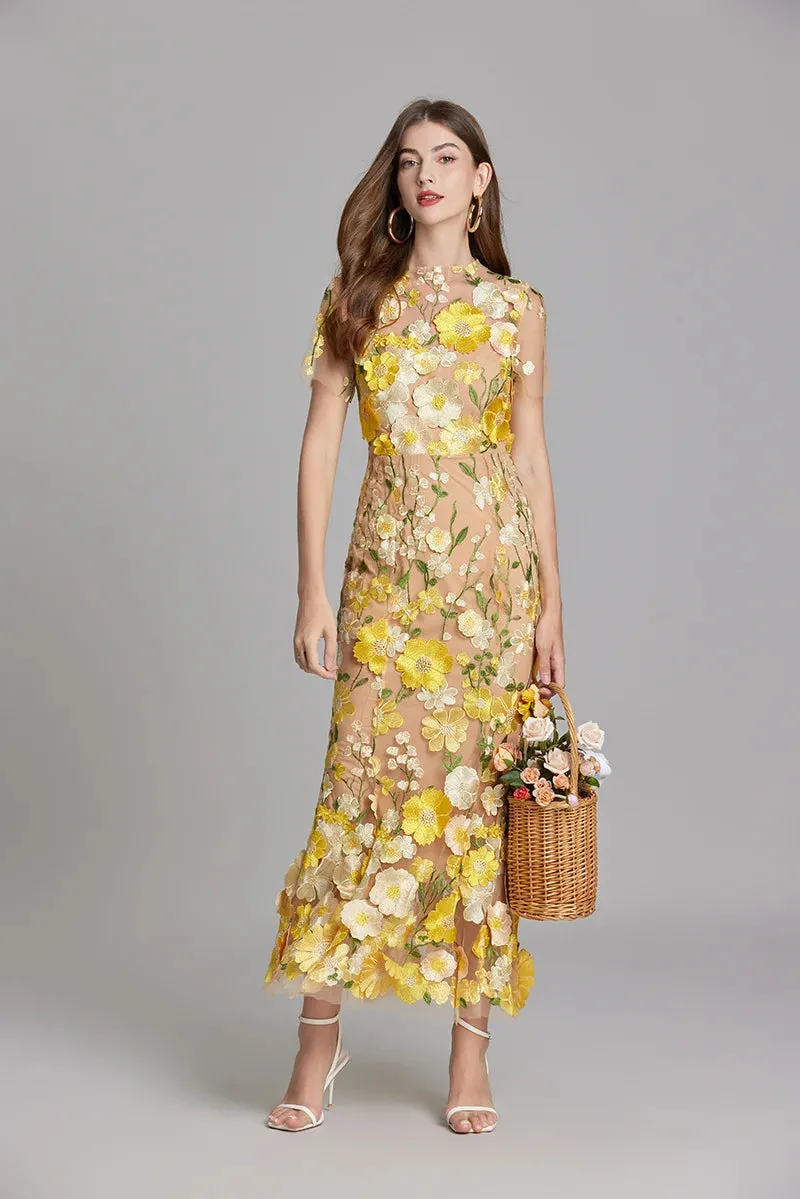 Elegant Mesh Fishtail Dress with 3D Flower Appliqué
