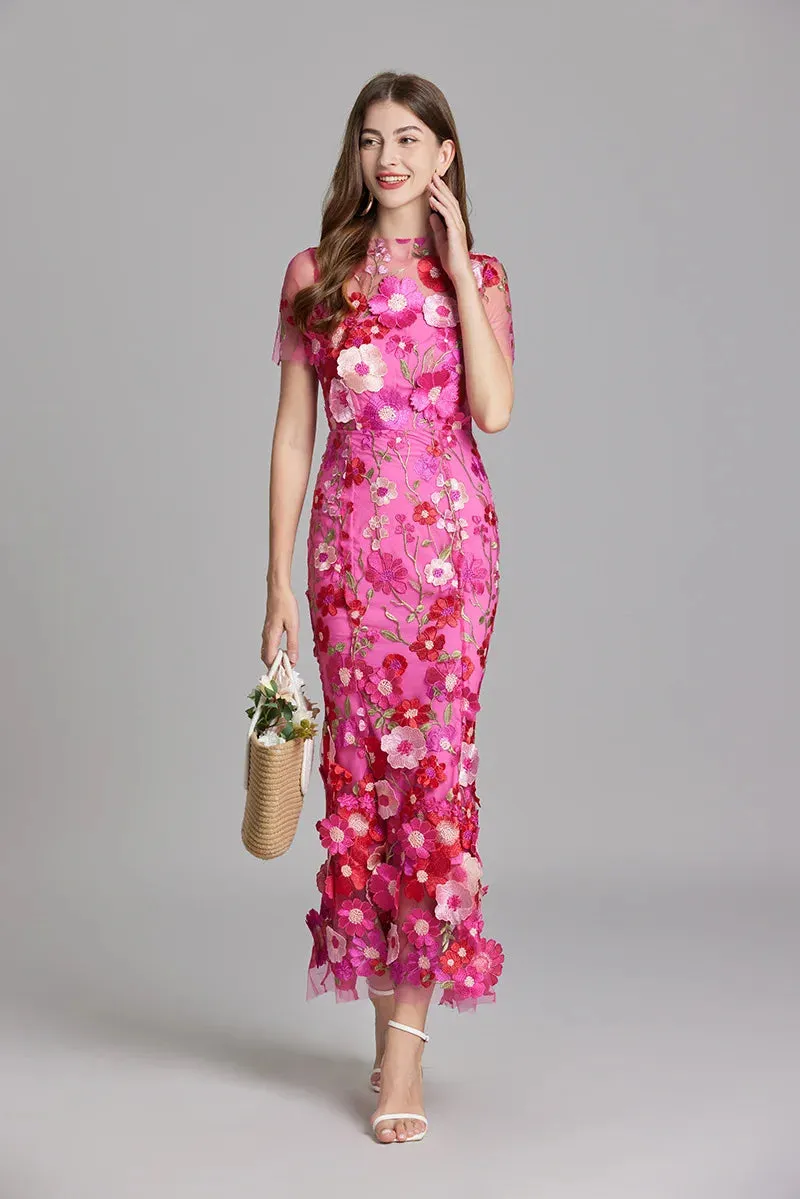 Elegant Mesh Fishtail Dress with 3D Flower Appliqué