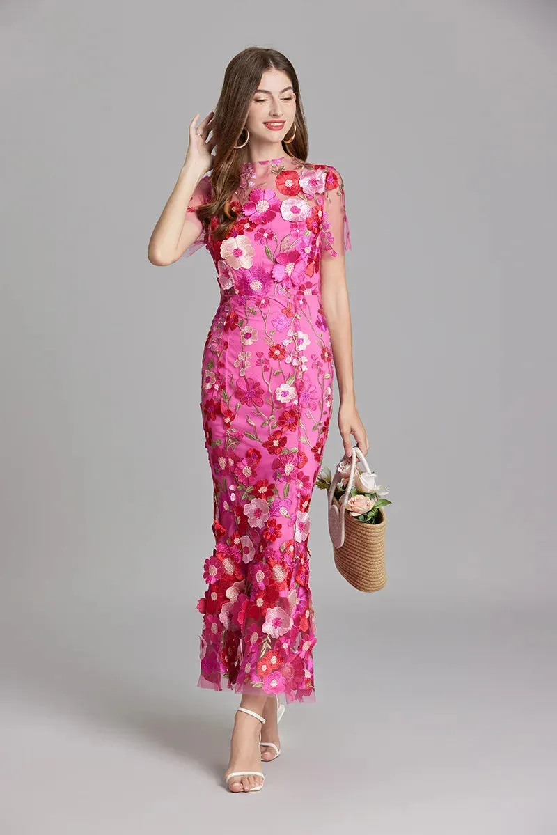 Elegant Mesh Fishtail Dress with 3D Flower Appliqué