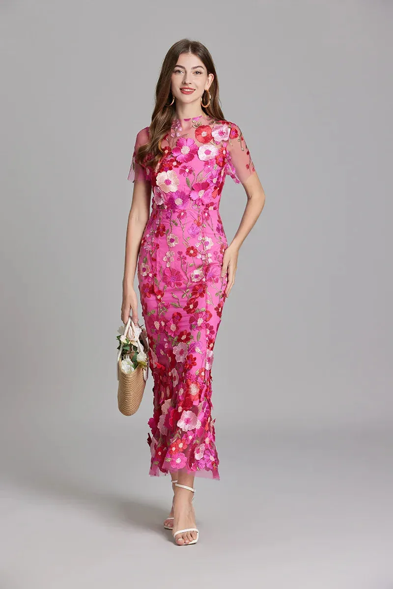 Elegant Mesh Fishtail Dress with 3D Flower Appliqué