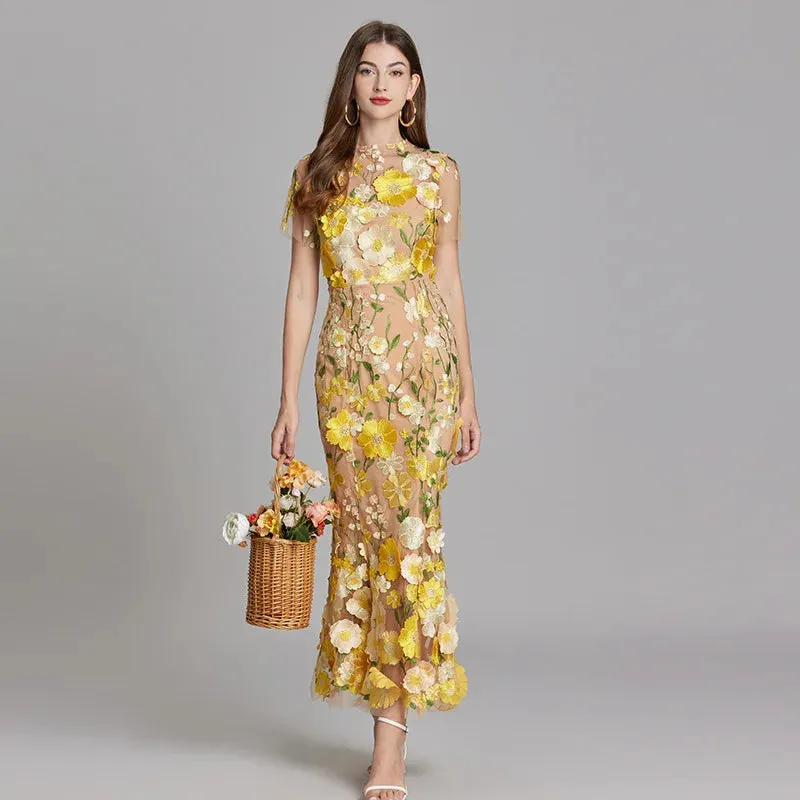 Elegant Mesh Fishtail Dress with 3D Flower Appliqué