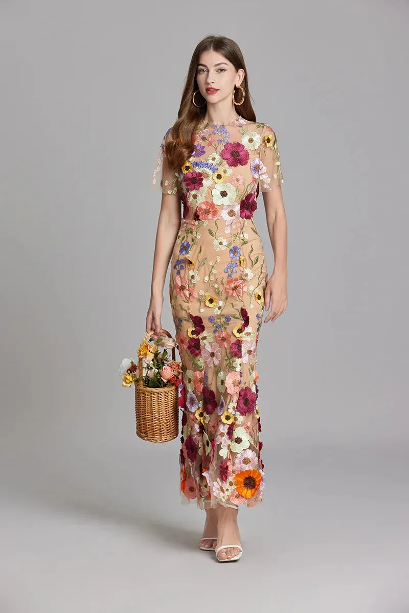 Elegant Mesh Fishtail Dress with 3D Flower Appliqué