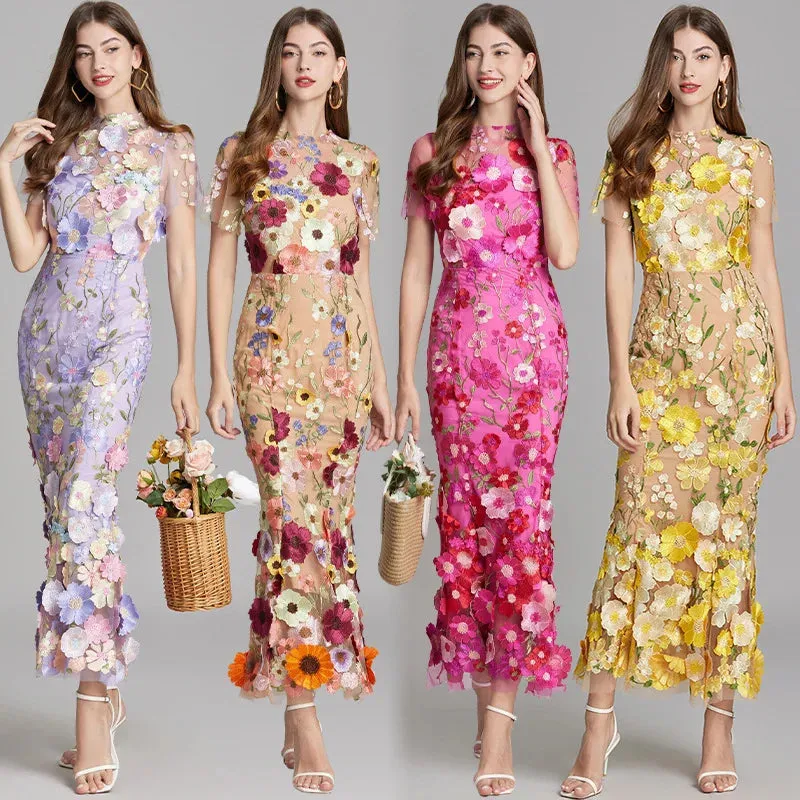 Elegant Mesh Fishtail Dress with 3D Flower Appliqué