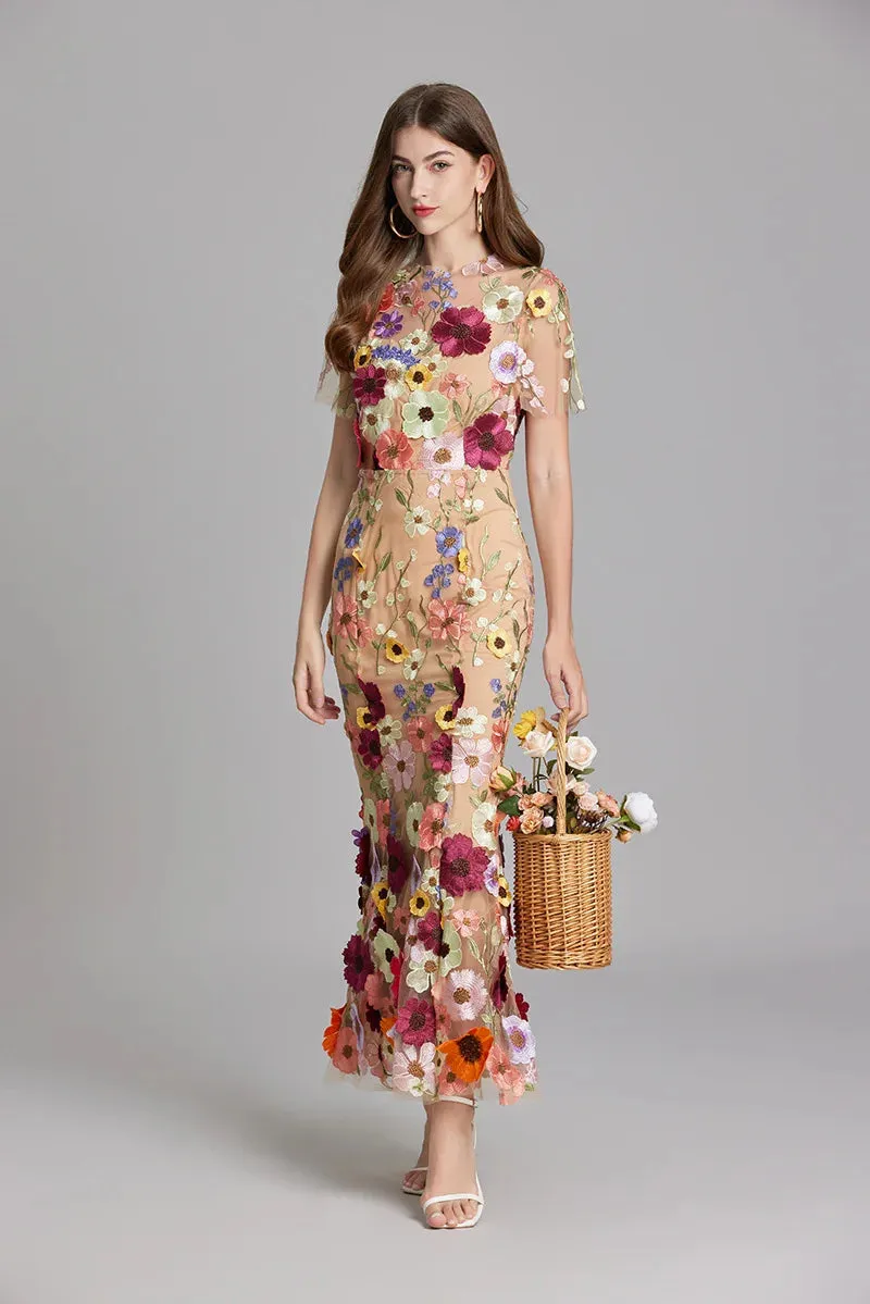 Elegant Mesh Fishtail Dress with 3D Flower Appliqué