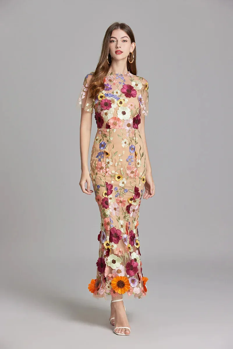 Elegant Mesh Fishtail Dress with 3D Flower Appliqué