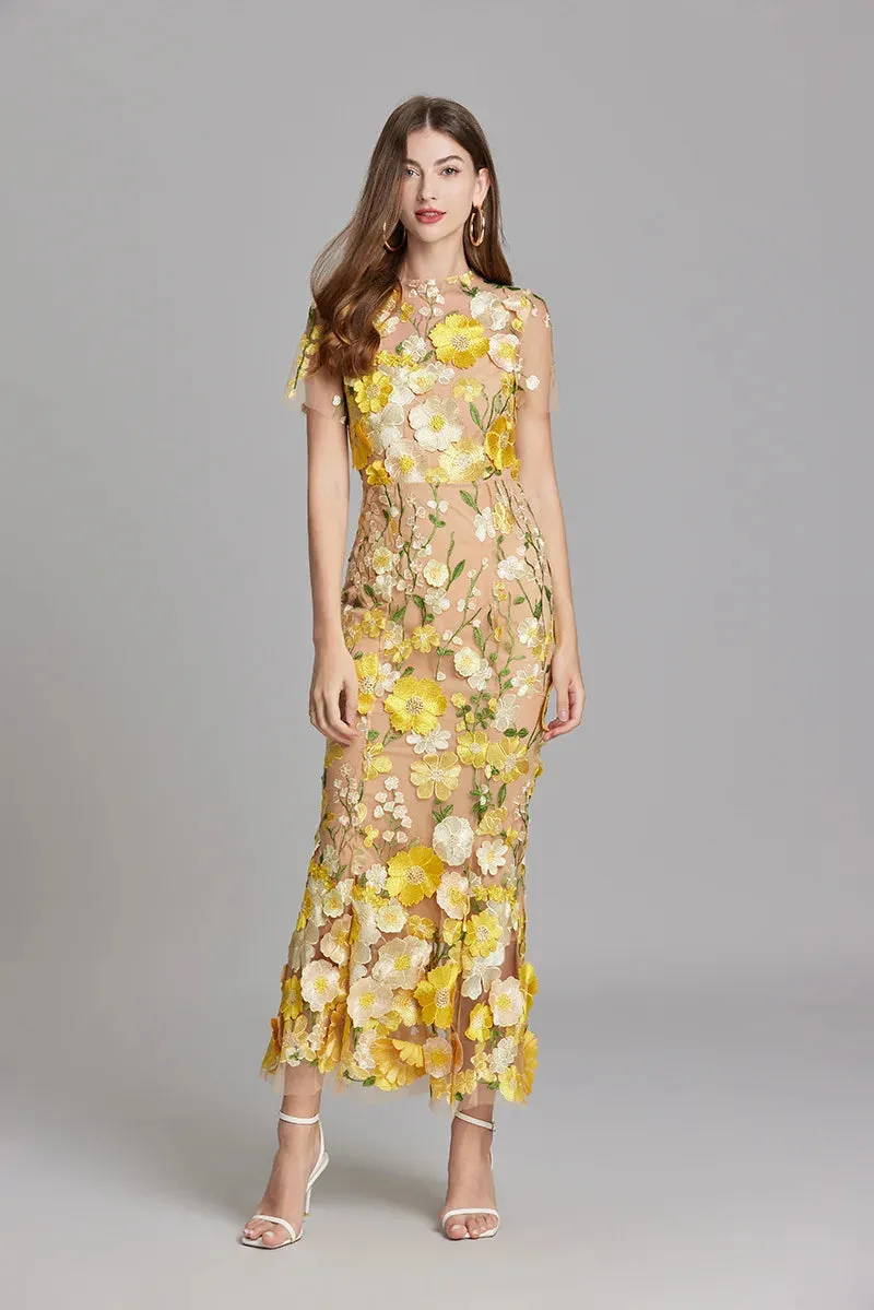 Elegant Mesh Fishtail Dress with 3D Flower Appliqué