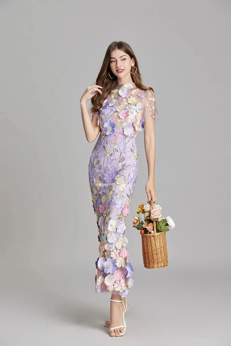 Elegant Mesh Fishtail Dress with 3D Flower Appliqué