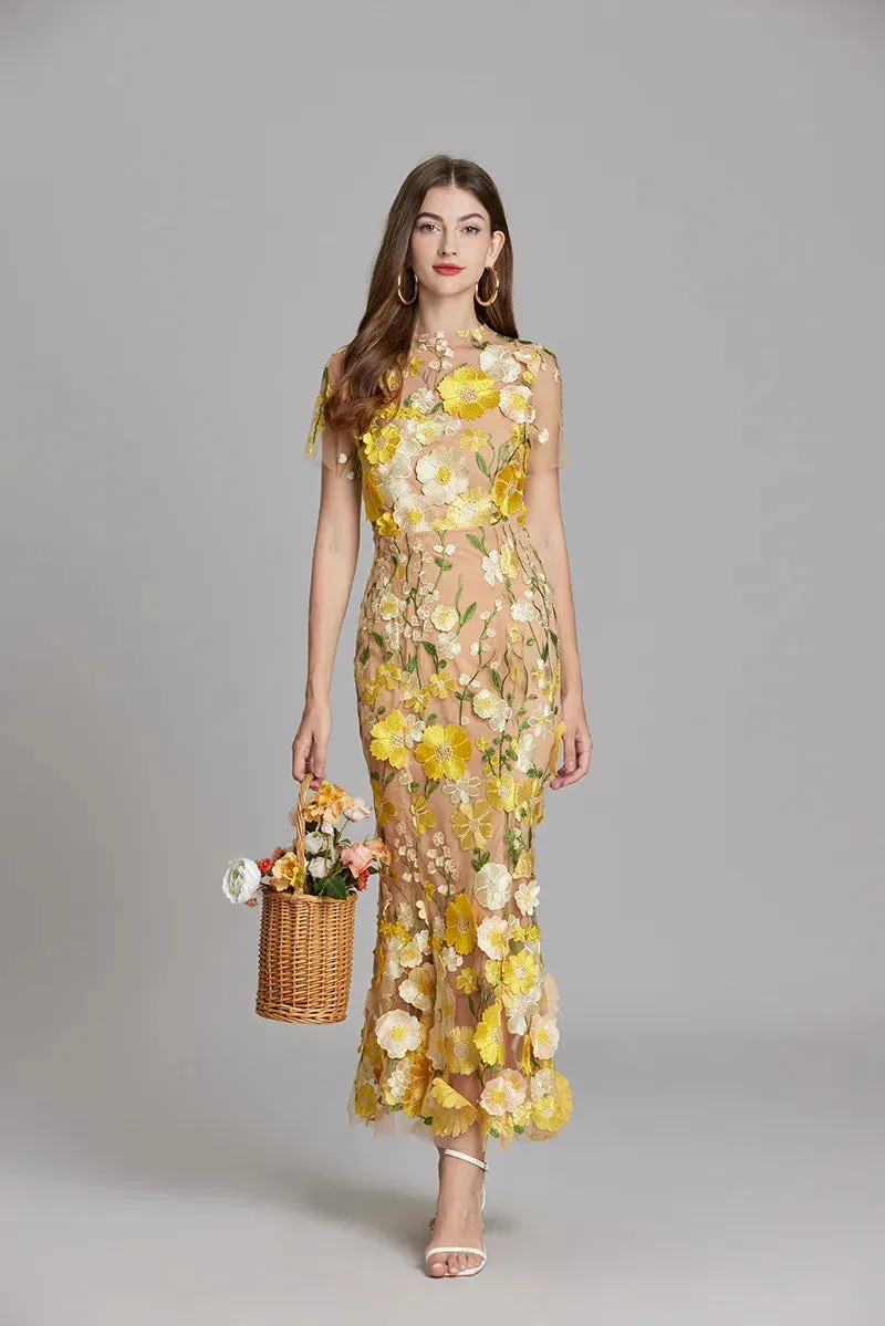 Elegant Mesh Fishtail Dress with 3D Flower Appliqué