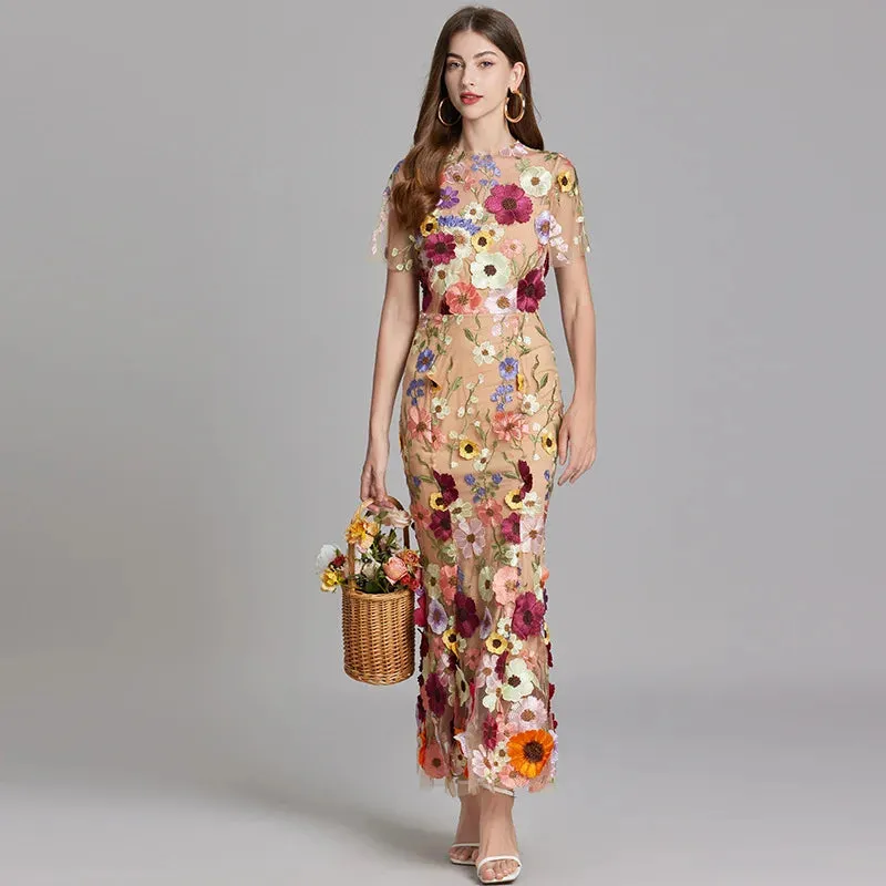 Elegant Mesh Fishtail Dress with 3D Flower Appliqué