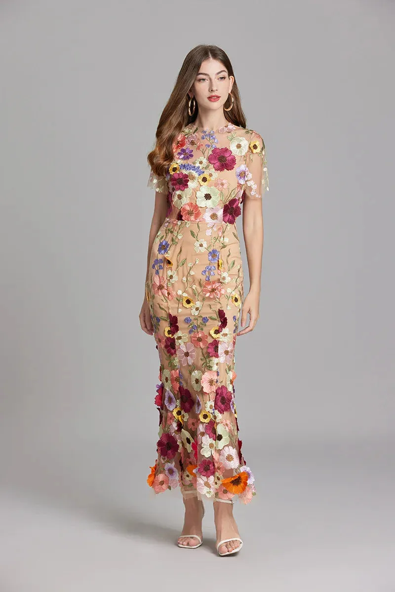 Elegant Mesh Fishtail Dress with 3D Flower Appliqué