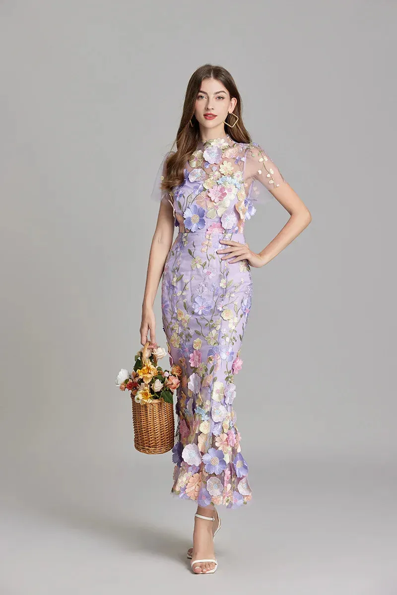 Elegant Mesh Fishtail Dress with 3D Flower Appliqué