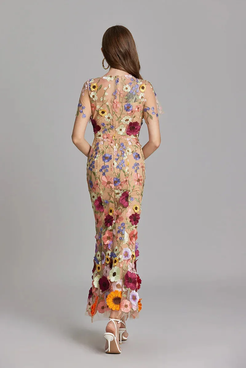 Elegant Mesh Fishtail Dress with 3D Flower Appliqué