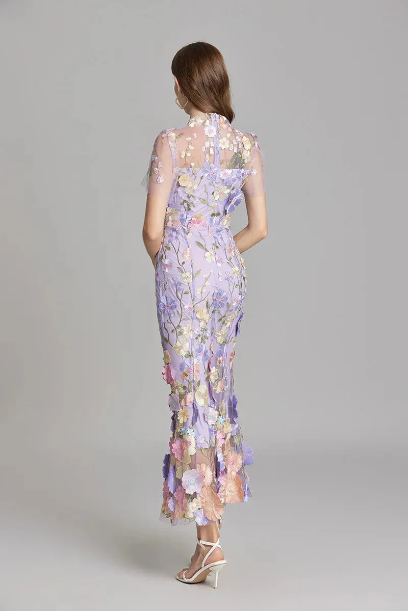 Elegant Mesh Fishtail Dress with 3D Flower Appliqué