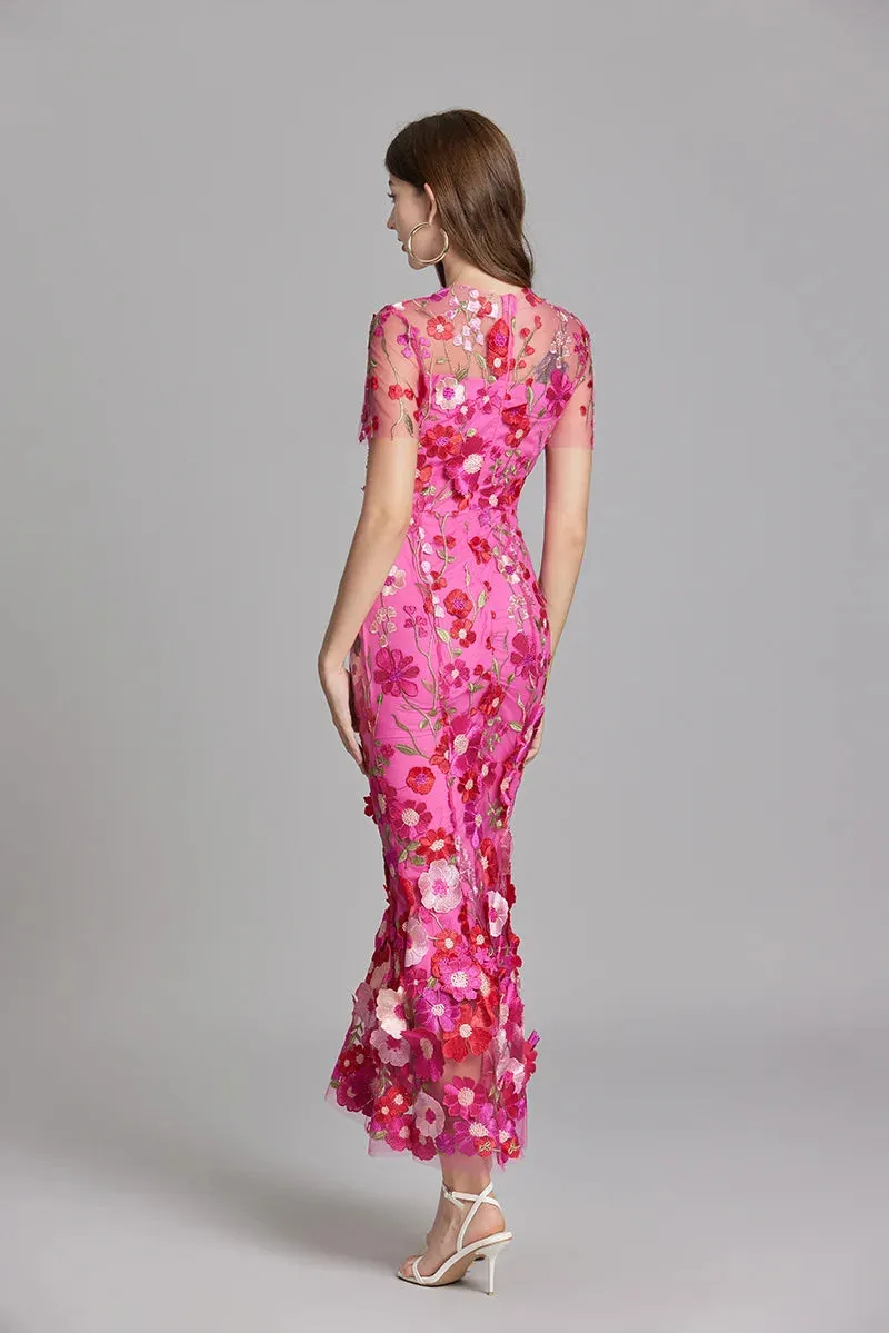 Elegant Mesh Fishtail Dress with 3D Flower Appliqué