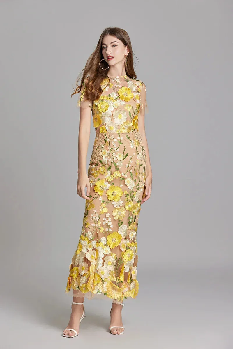 Elegant Mesh Fishtail Dress with 3D Flower Appliqué