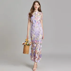 Elegant Mesh Fishtail Dress with 3D Flower Appliqué
