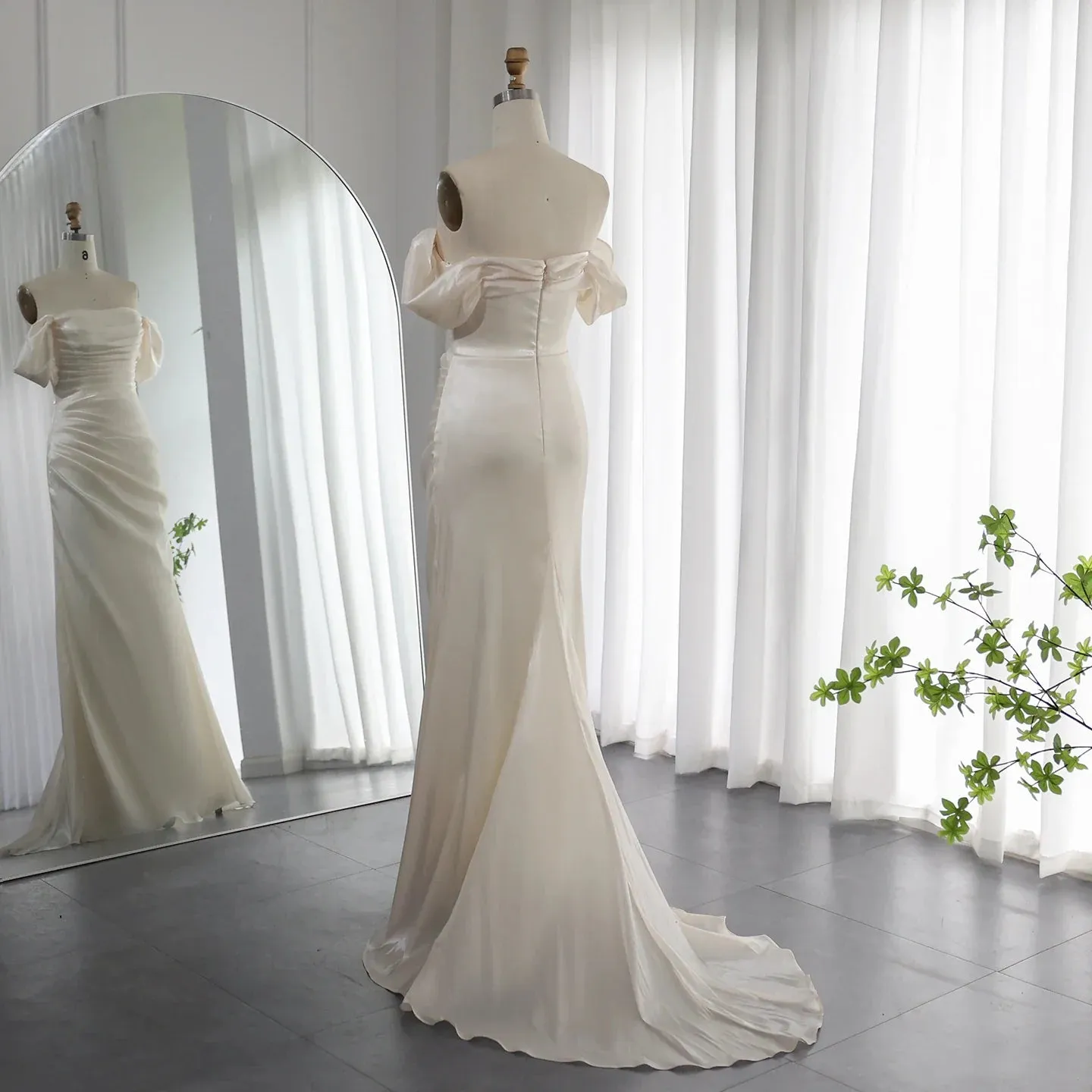 Elegant Off Shoulder Arabic Mermaid Beige Evening Dress SF001