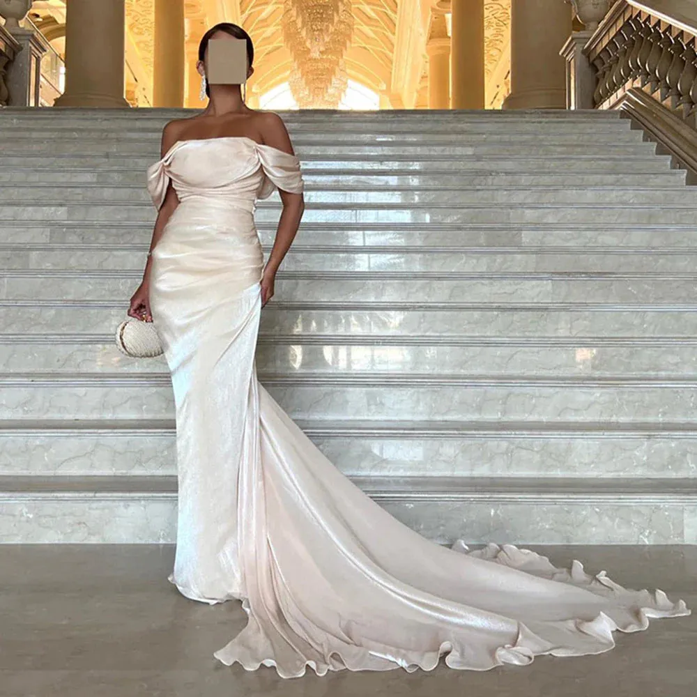 Elegant Off Shoulder Arabic Mermaid Beige Evening Dress SF001