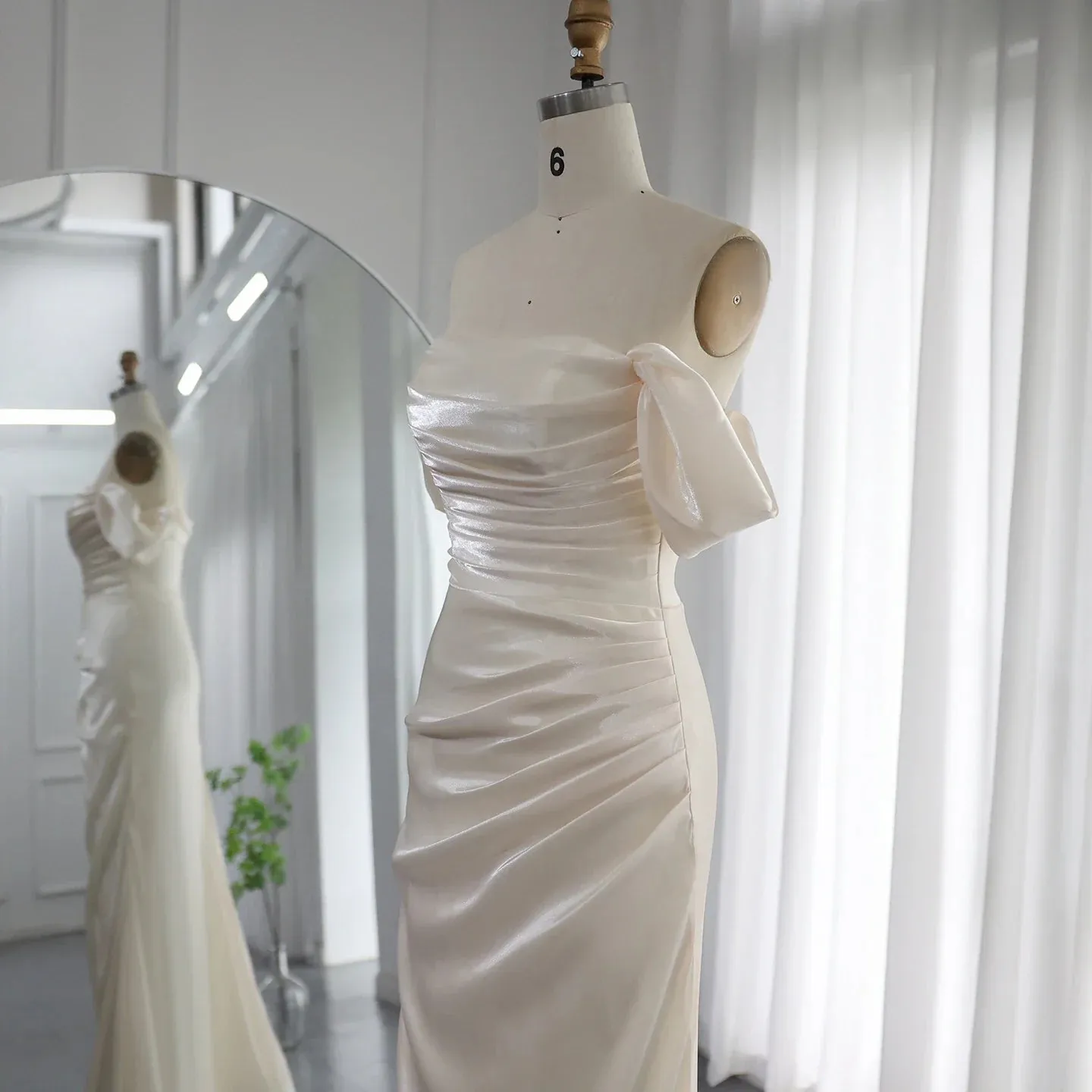 Elegant Off Shoulder Arabic Mermaid Beige Evening Dress SF001
