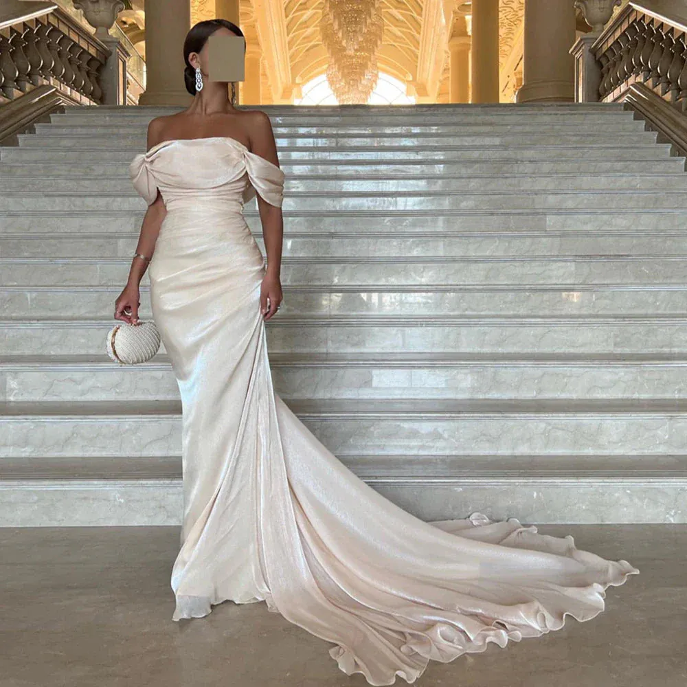 Elegant Off Shoulder Arabic Mermaid Beige Evening Dress SF001