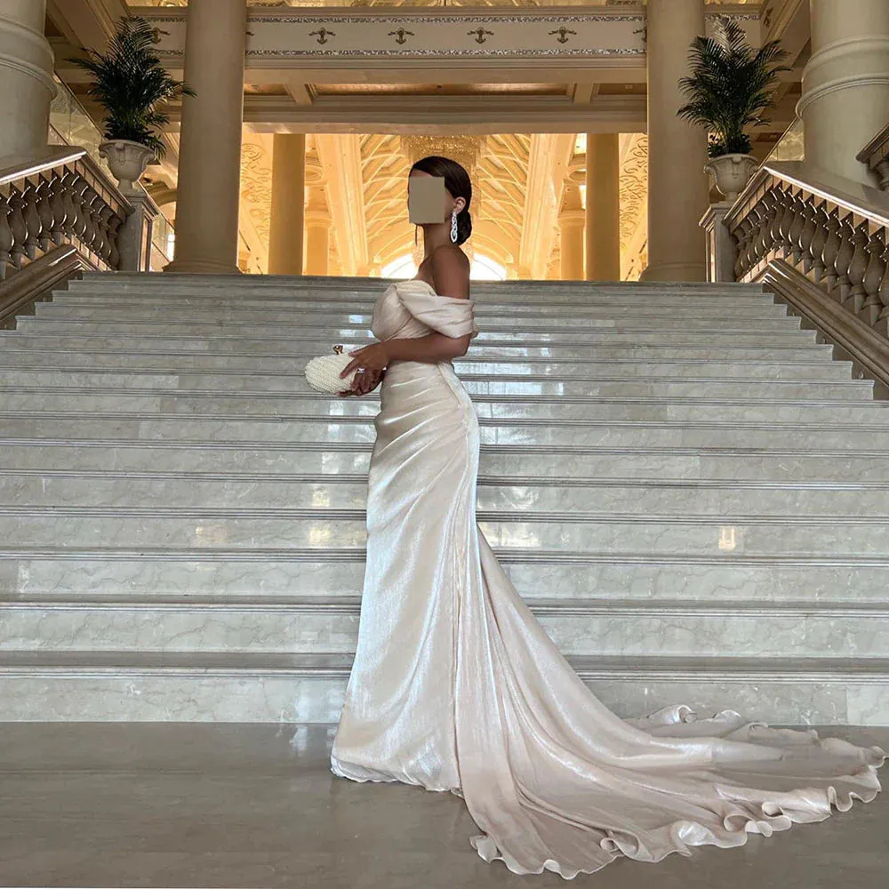Elegant Off Shoulder Arabic Mermaid Beige Evening Dress SF001