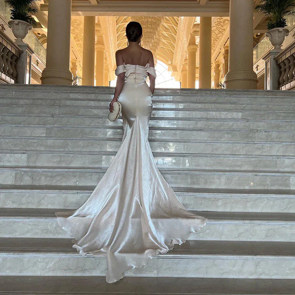 Elegant Off Shoulder Arabic Mermaid Beige Evening Dress SF001