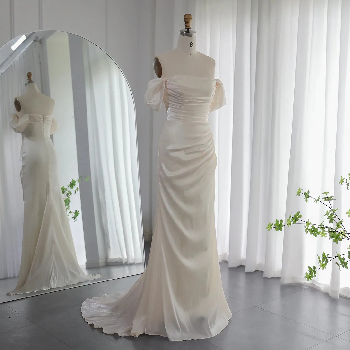 Elegant Off Shoulder Arabic Mermaid Beige Evening Dress SF001