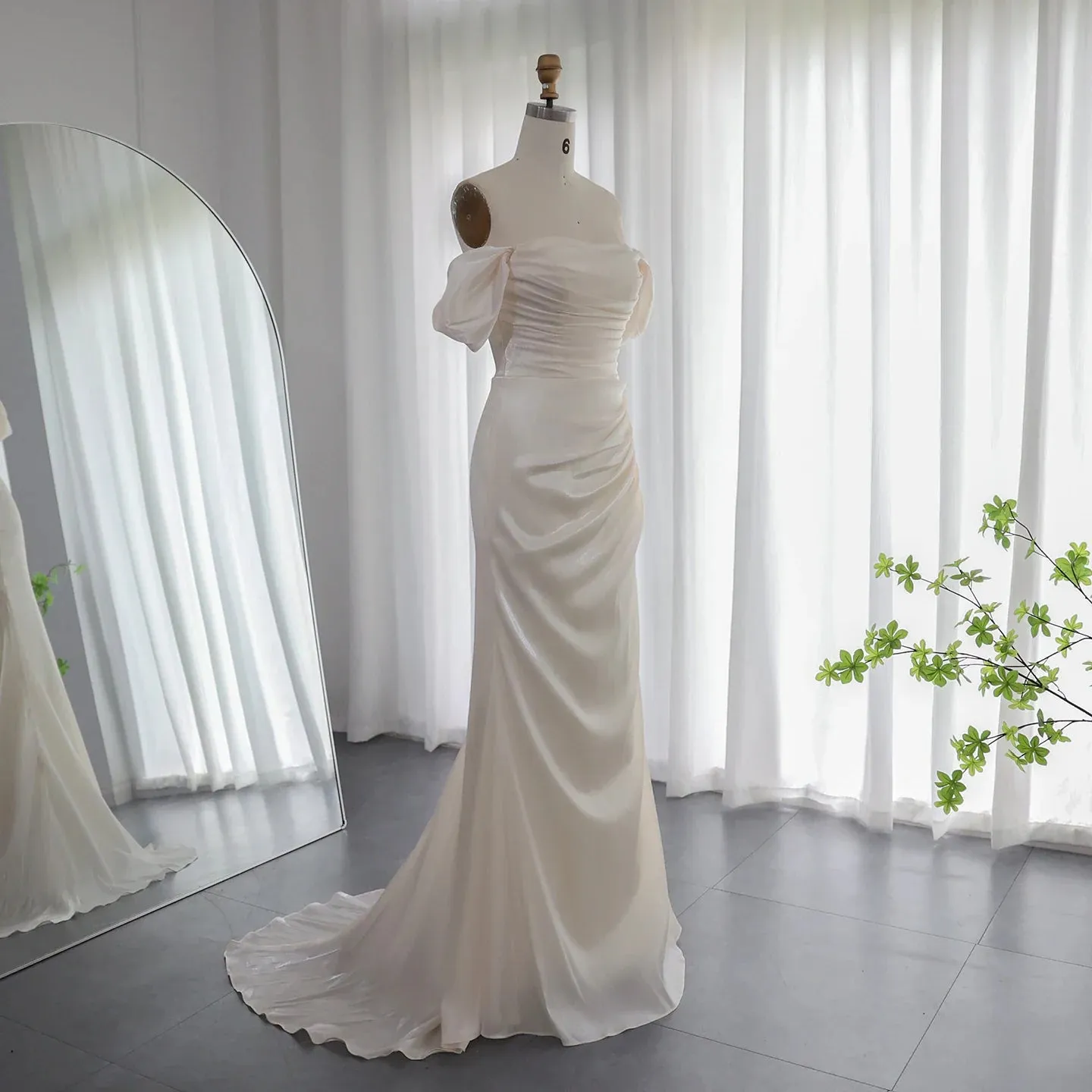 Elegant Off Shoulder Arabic Mermaid Beige Evening Dress SF001
