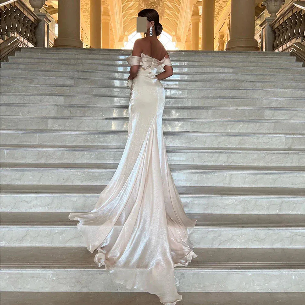 Elegant Off Shoulder Arabic Mermaid Beige Evening Dress SF001