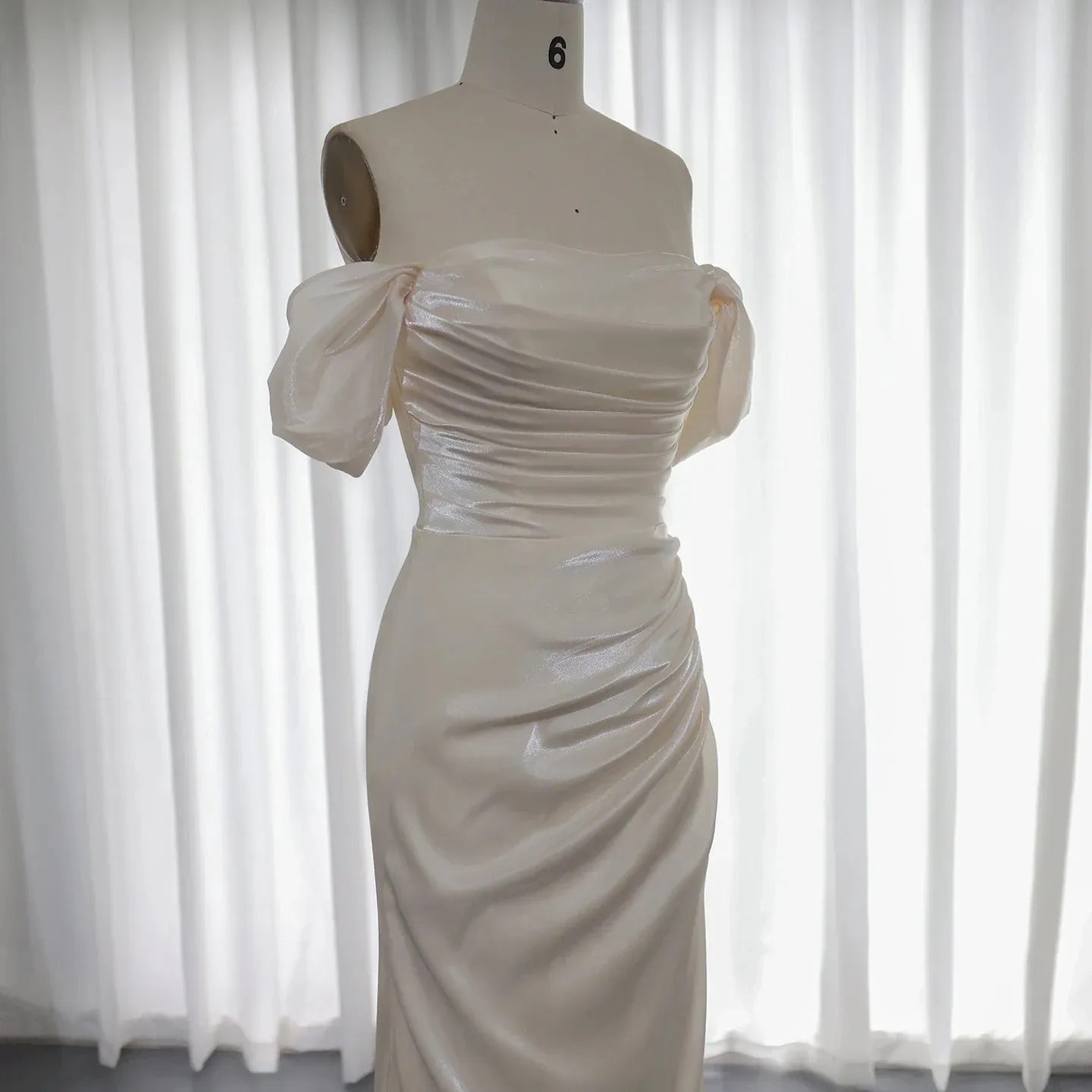 Elegant Off Shoulder Arabic Mermaid Beige Evening Dress SF001