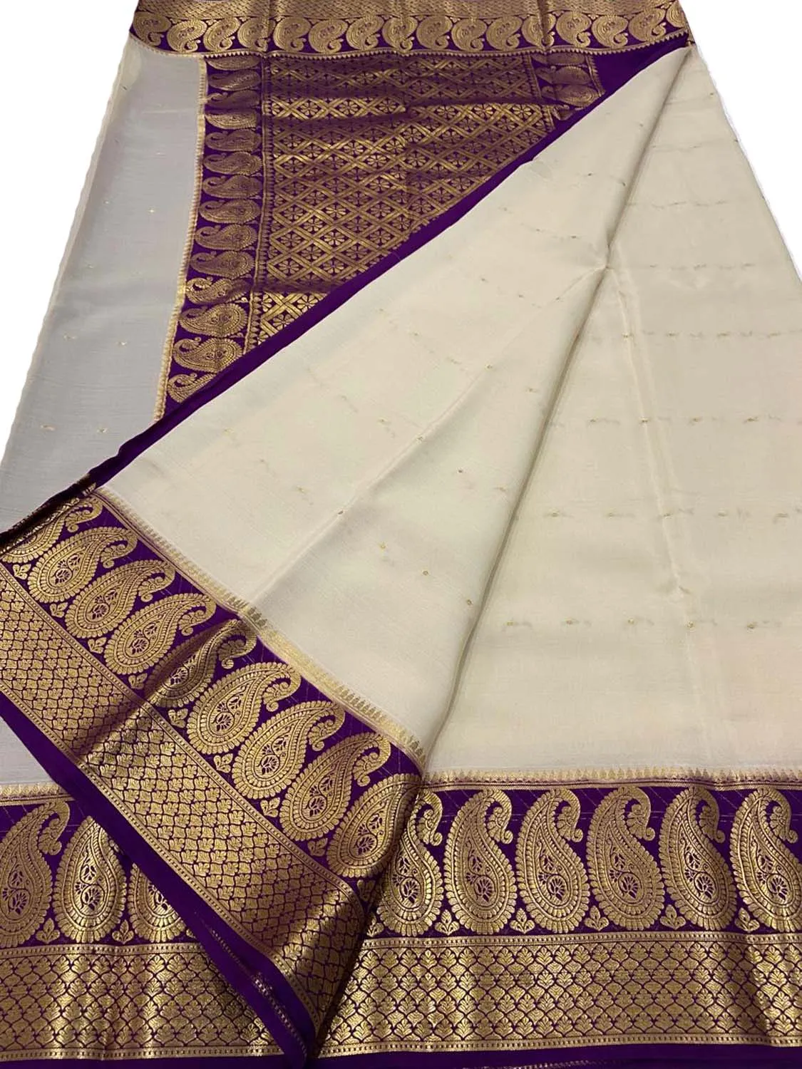 Elegant Off White Crepe Silk Saree - Handloom Mysore Silk