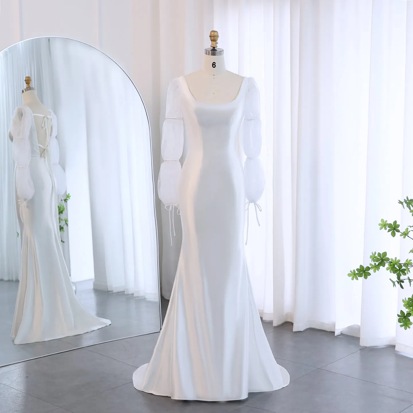Elegant White Mermaid Evening Dress with Puff Sleeves SF021