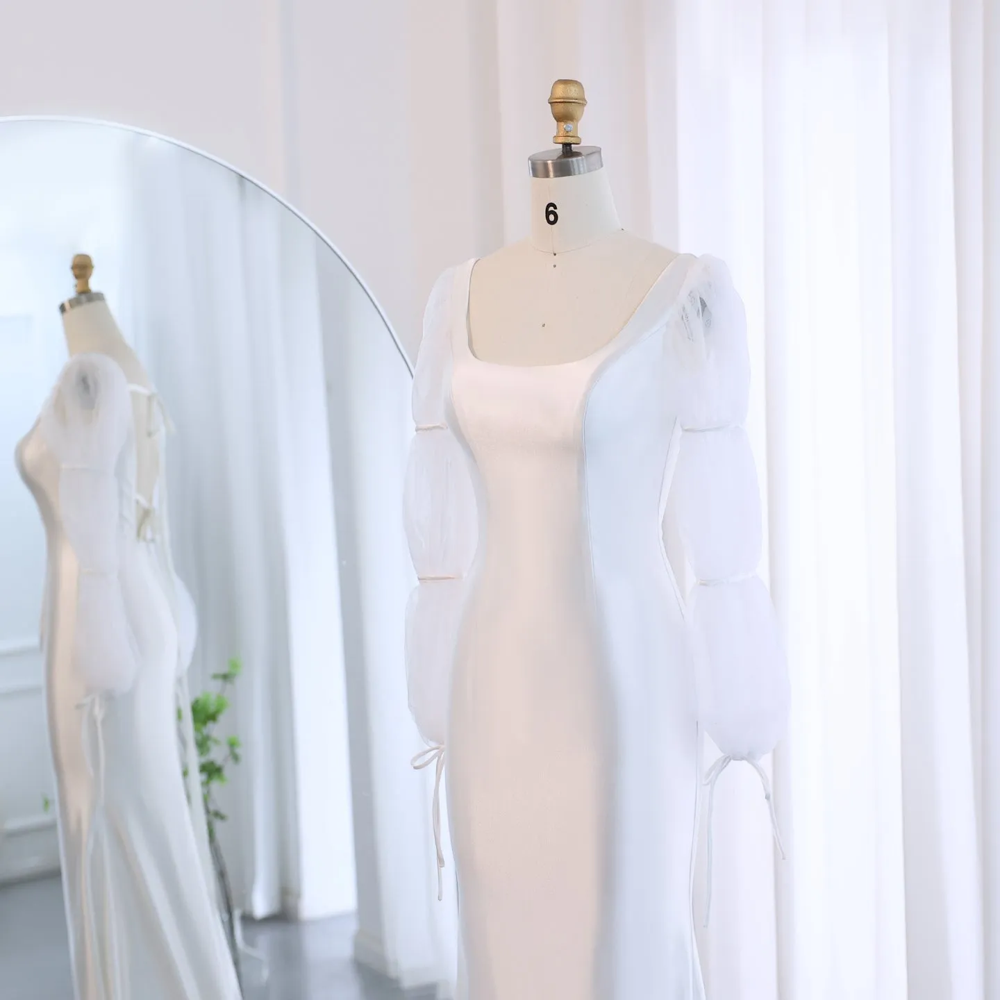 Elegant White Mermaid Evening Dress with Puff Sleeves SF021