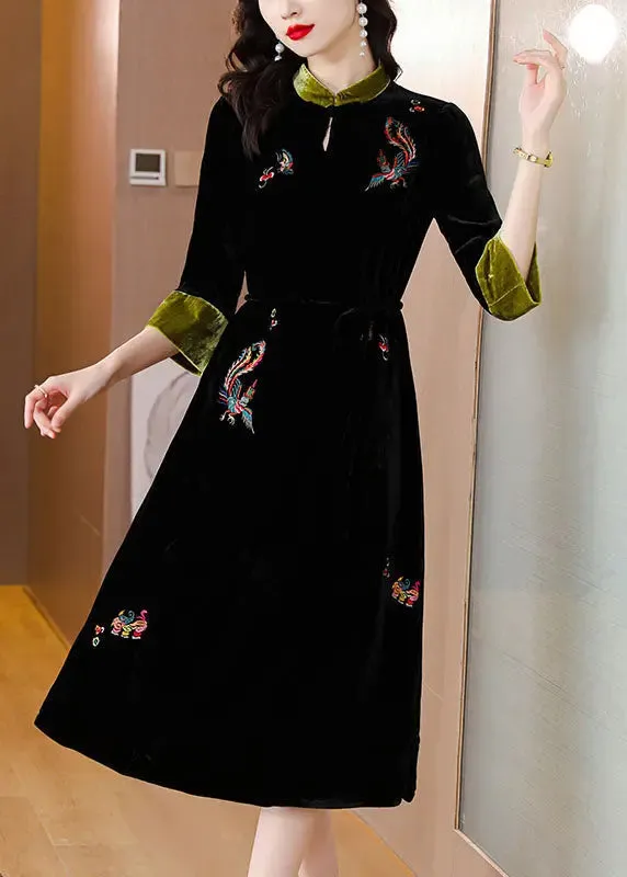Embroidered Pockets Silk Velour Long Dresses