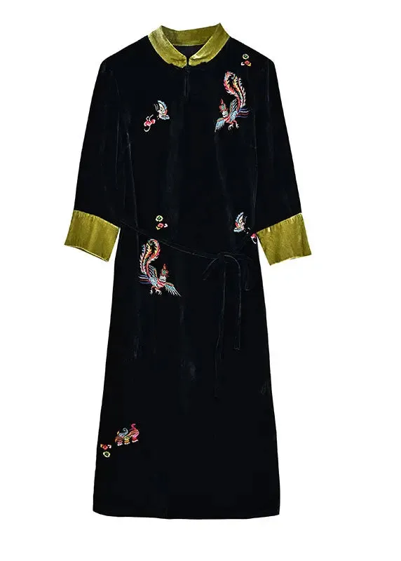 Embroidered Pockets Silk Velour Long Dresses