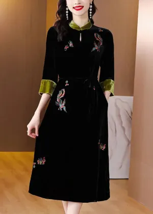 Embroidered Pockets Silk Velour Long Dresses