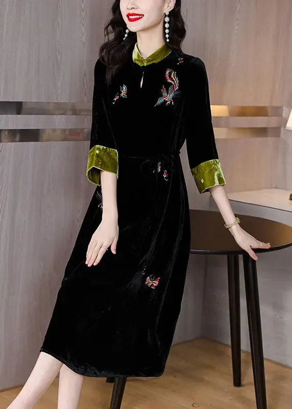 Embroidered Pockets Silk Velour Long Dresses