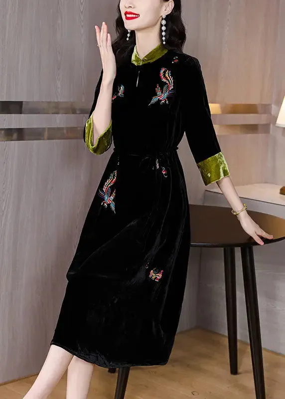 Embroidered Pockets Silk Velour Long Dresses