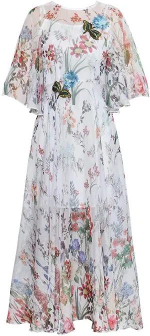 Floral Appliques Printed Chiffon Dress
