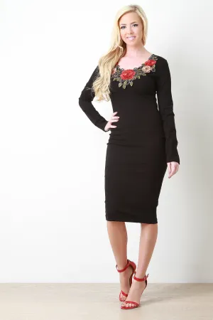Floral Embroidered Yoke Midi Dress