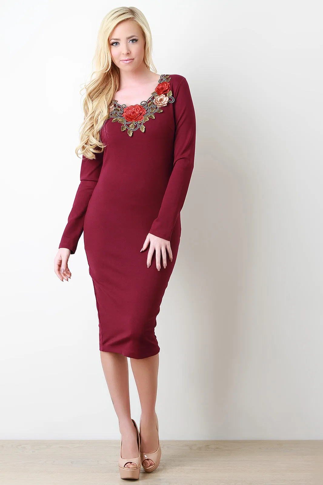 Floral Embroidered Yoke Midi Dress