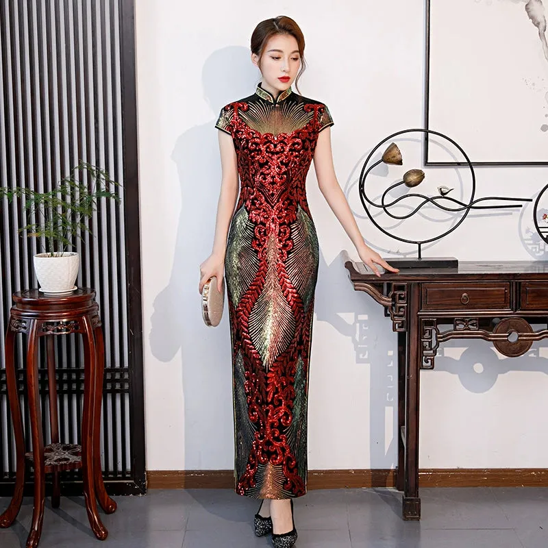 Floral pattern, long jacquard silk-satin cheongsam