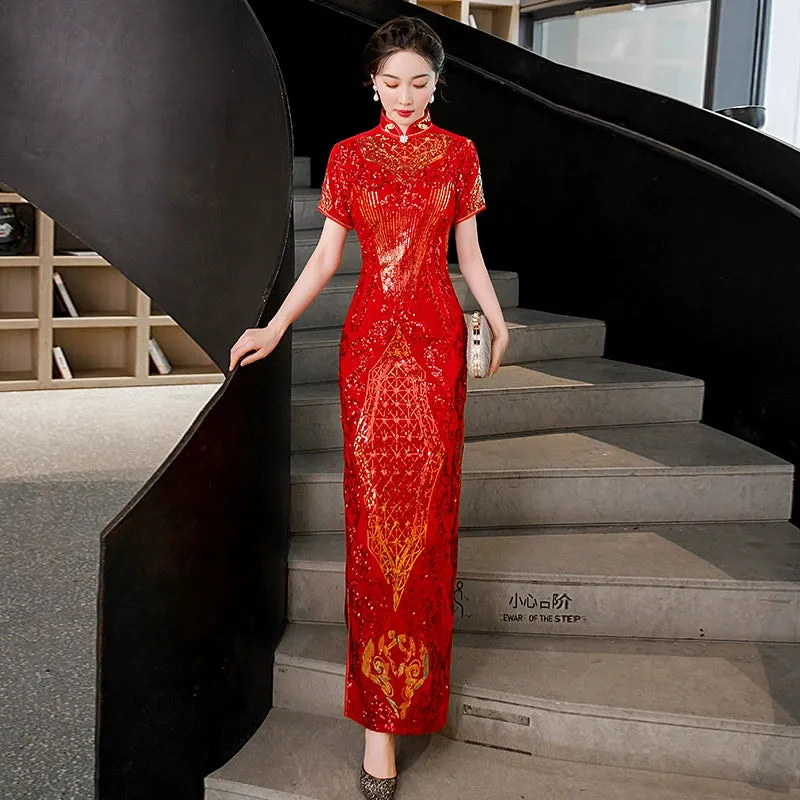 Floral pattern, long jacquard silk-satin cheongsam
