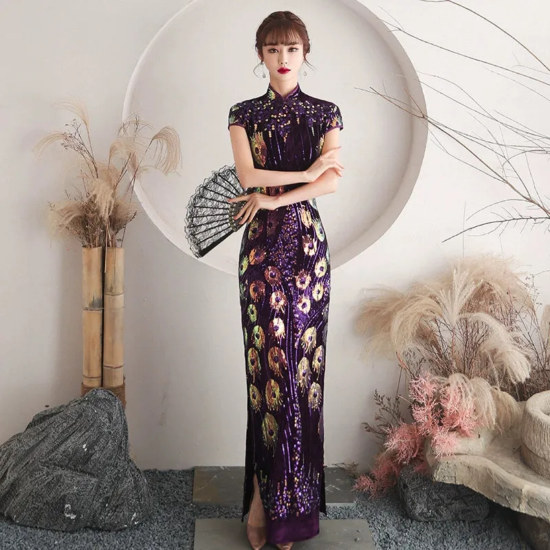 Floral pattern, long jacquard silk-satin cheongsam